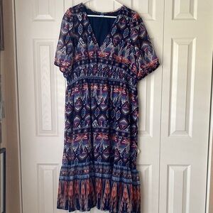 Old Navy Blue and Pink V-Neck Flutter Sleeve Midi Dress